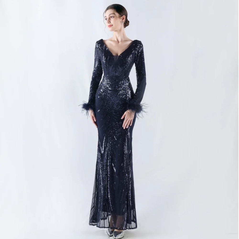 Elegant Navy Sequin Evening Dress with Long Sleeves With Ostrich Feathers